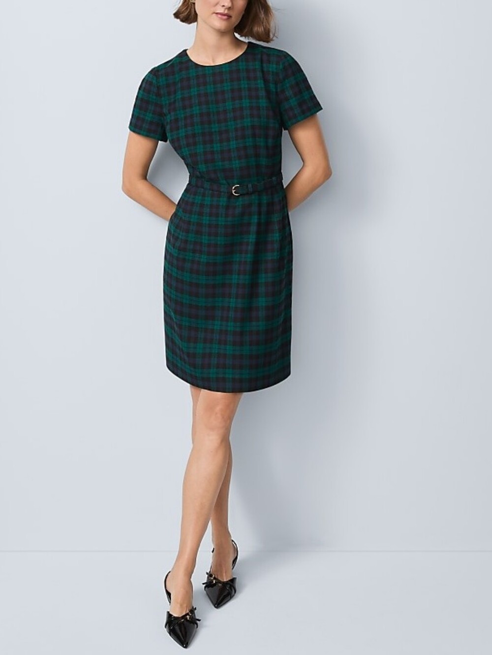 Ann Taylor Rainforest Short Sleeve Plaid Belted Sheath Dress Size 0